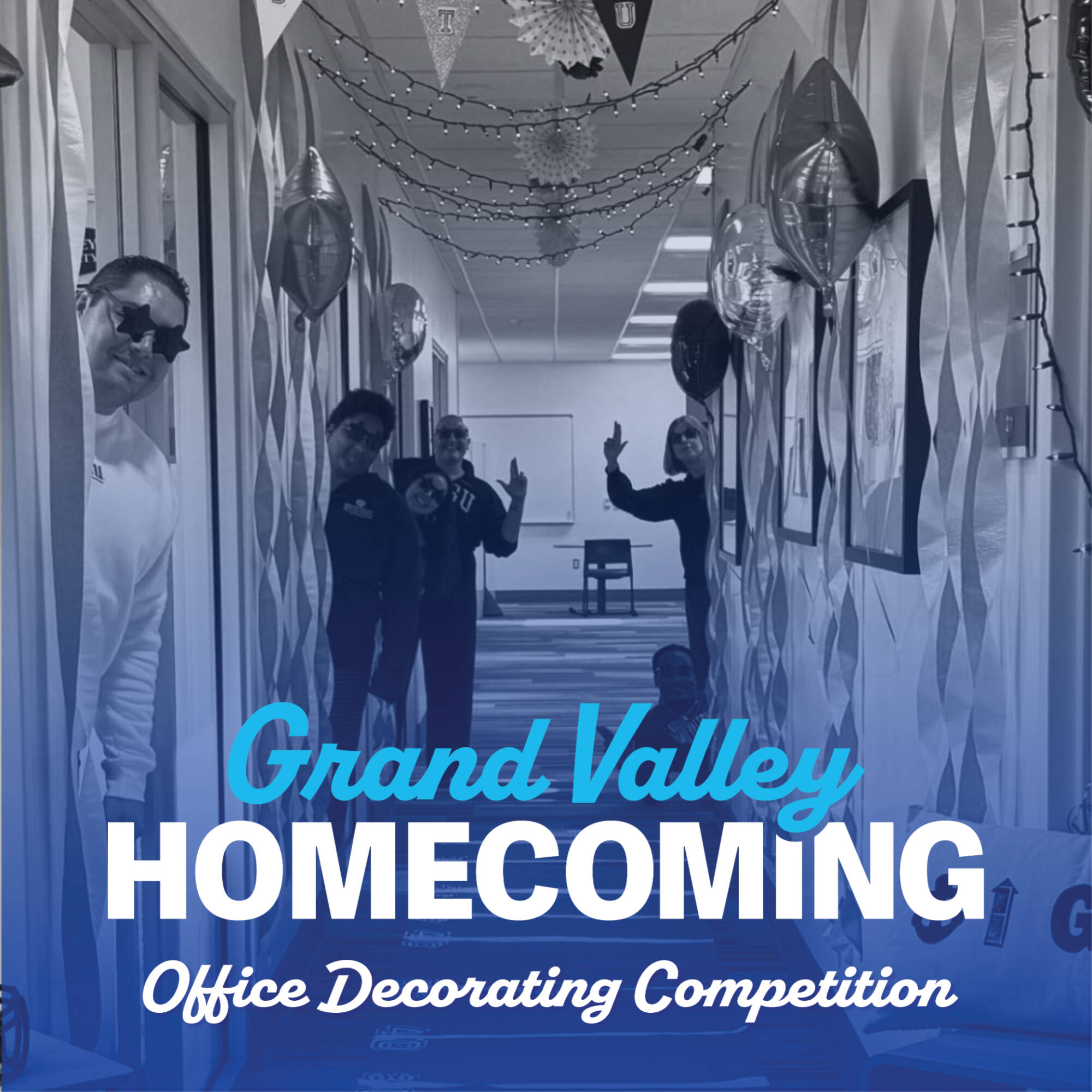 GVSU colleagues posing in their office doorways with homecoming office decor